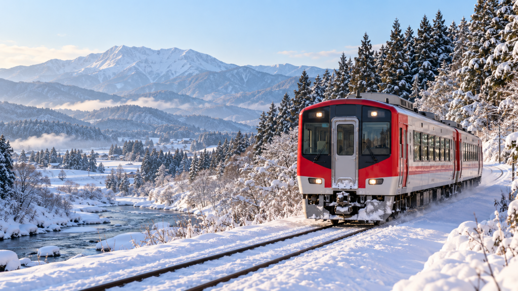 Red and white train traveling through a snowy mountain landscape in Japan